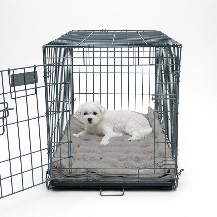 A small white dog resting on a Paw Inspired grey waterproof and anti-slip blanket used as a comfortable crate pad.