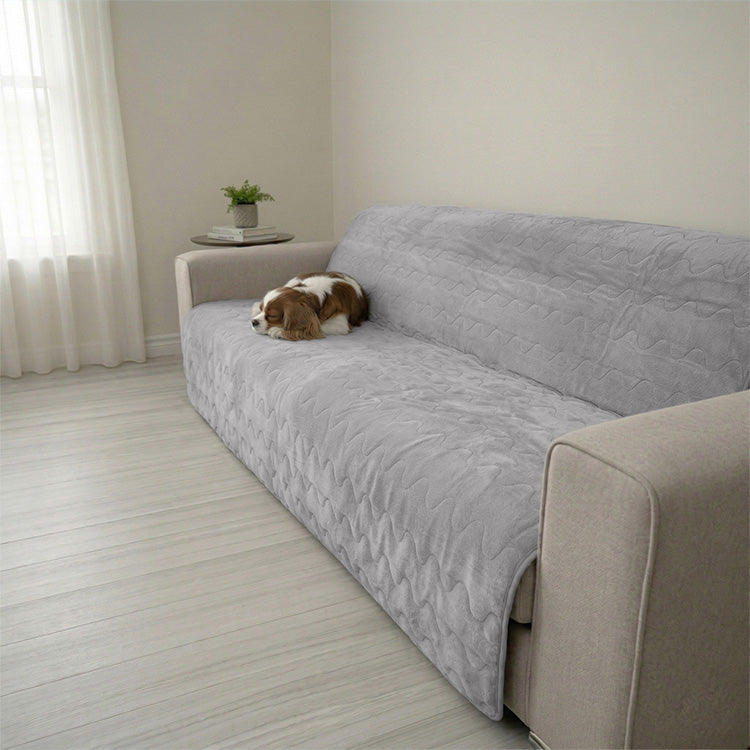 A small brown and white dog resting on a Gray Paw Inspired Anti-Slip Furniture Protector. The quilted, waterproof cover is shown protecting a modern fabric sofa from pet hair and messes.