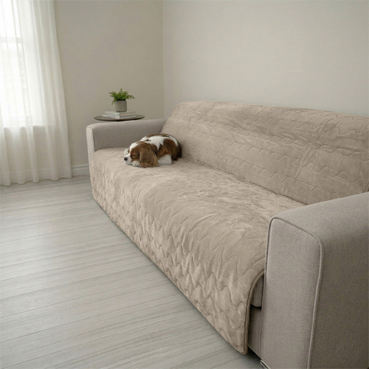 A small brown and white dog resting on a Gray Paw Inspired Anti-Slip Furniture Protector. The quilted, waterproof cover is shown protecting a modern fabric sofa from pet hair and messes.