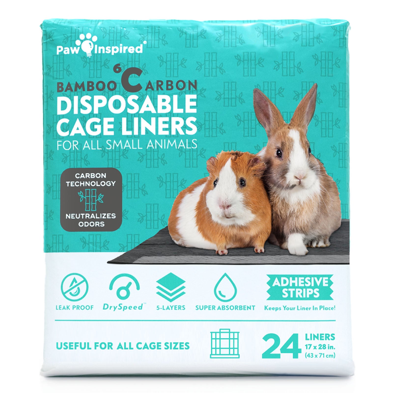 Paw Inspired Bamboo Carbon Cage Liners for small animals. 17x28 inch, leakproof, DrySpeed 5-layer pads with odor neutralizing technology.