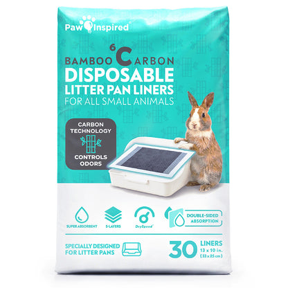 Front packaging of Paw Inspired Bamboo Carbon Disposable Litter Pan Liners 30-count pack, featuring a rabbit next to a small animal litter pan, highlighting carbon technology odor control and 5-layer protection.
