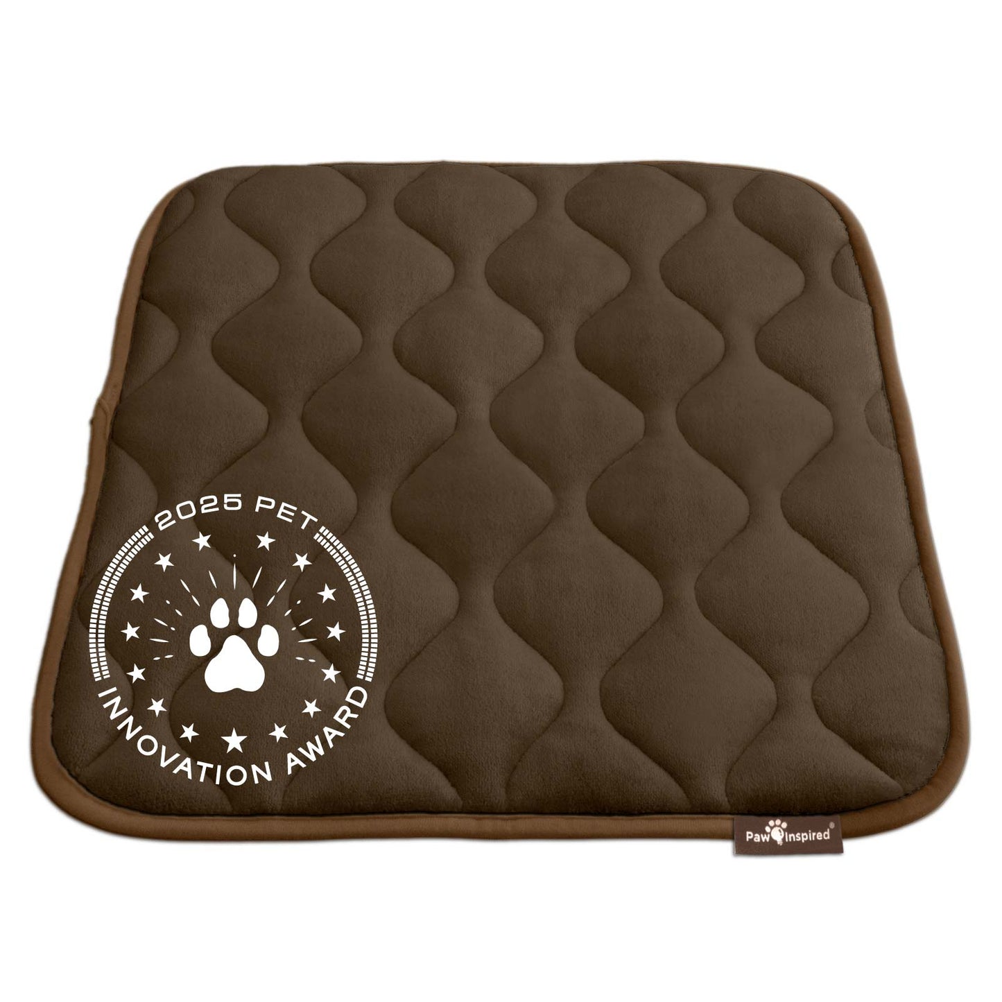 Paw Inspired 24 inch Brown Crate Mat, featuring the 2025 Pet Innovation Award seal, showcasing its superior comfort and quality.