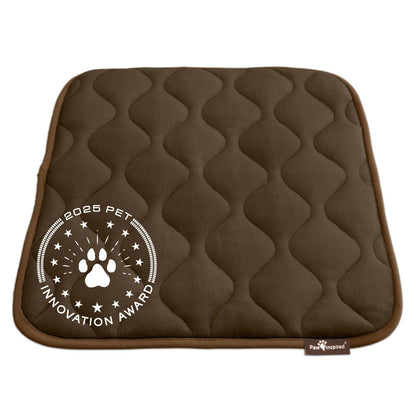 Paw Inspired 24 inch Brown Crate Mat, featuring the 2025 Pet Innovation Award seal, showcasing its superior comfort and quality.