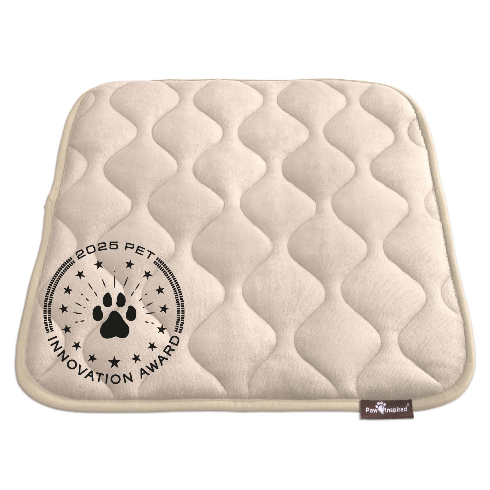 Paw Inspired 24 inch Tan Crate Mat, featuring the 2025 Pet Innovation Award seal, showcasing its superior comfort and quality.