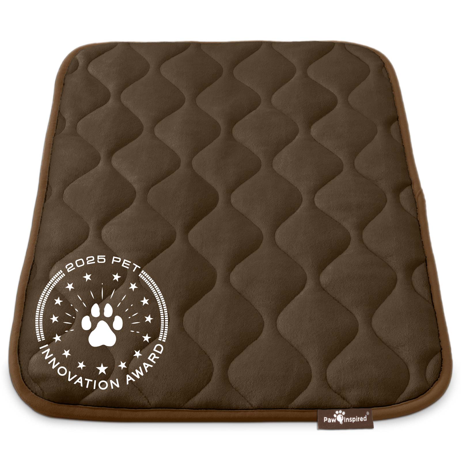 Paw Inspired 30 inch Brown Crate Mat, featuring the 2025 Pet Innovation Award seal, showcasing its superior comfort and quality.