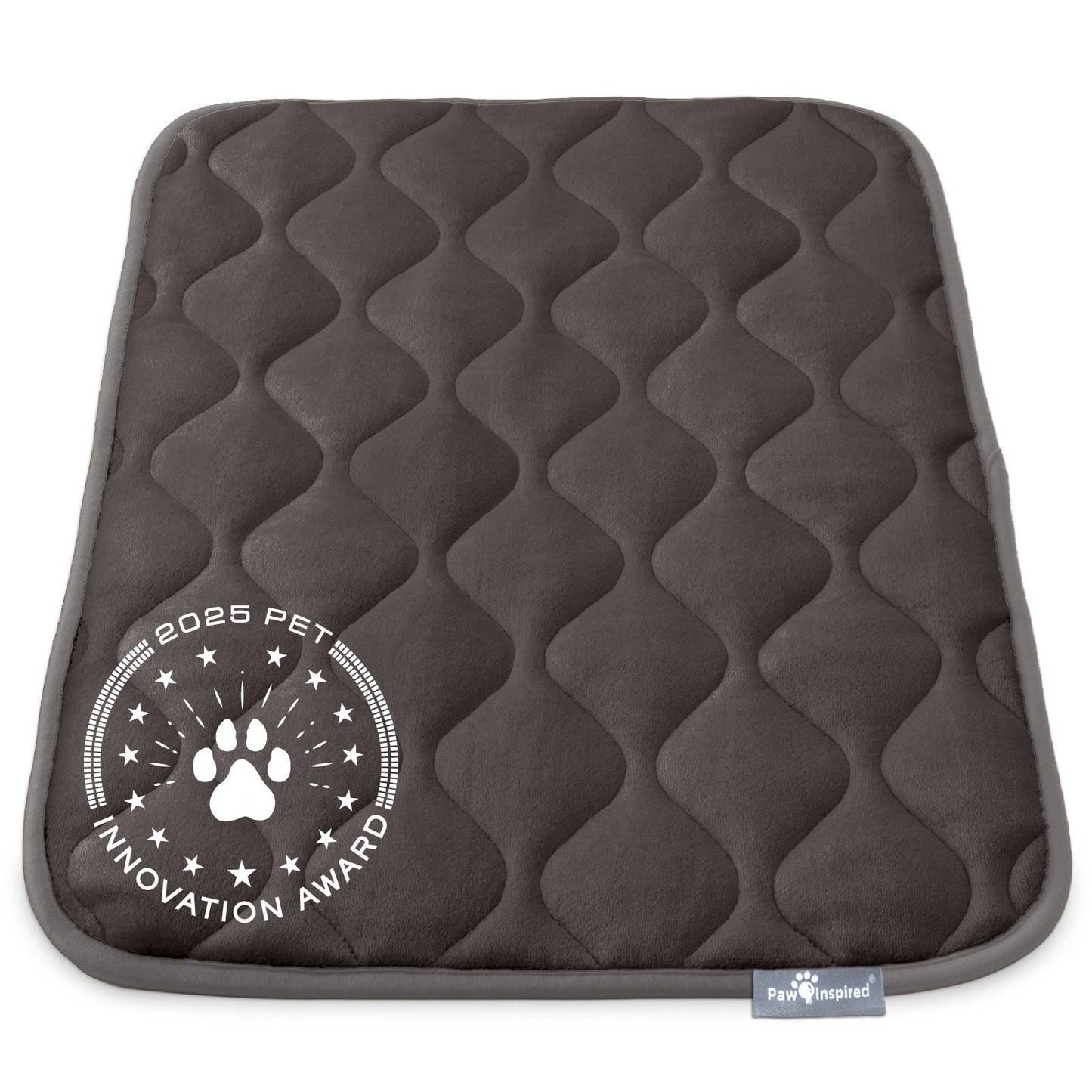 Paw Inspired 30 inch Gray Crate Mat, featuring the 2025 Pet Innovation Award seal, showcasing its superior comfort and quality.