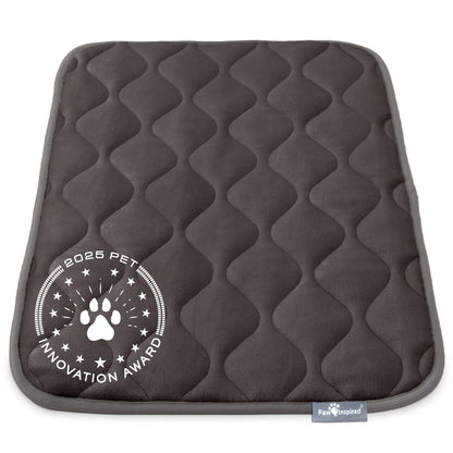 Paw Inspired 30 inch Gray Crate Mat, featuring the 2025 Pet Innovation Award seal, showcasing its superior comfort and quality.