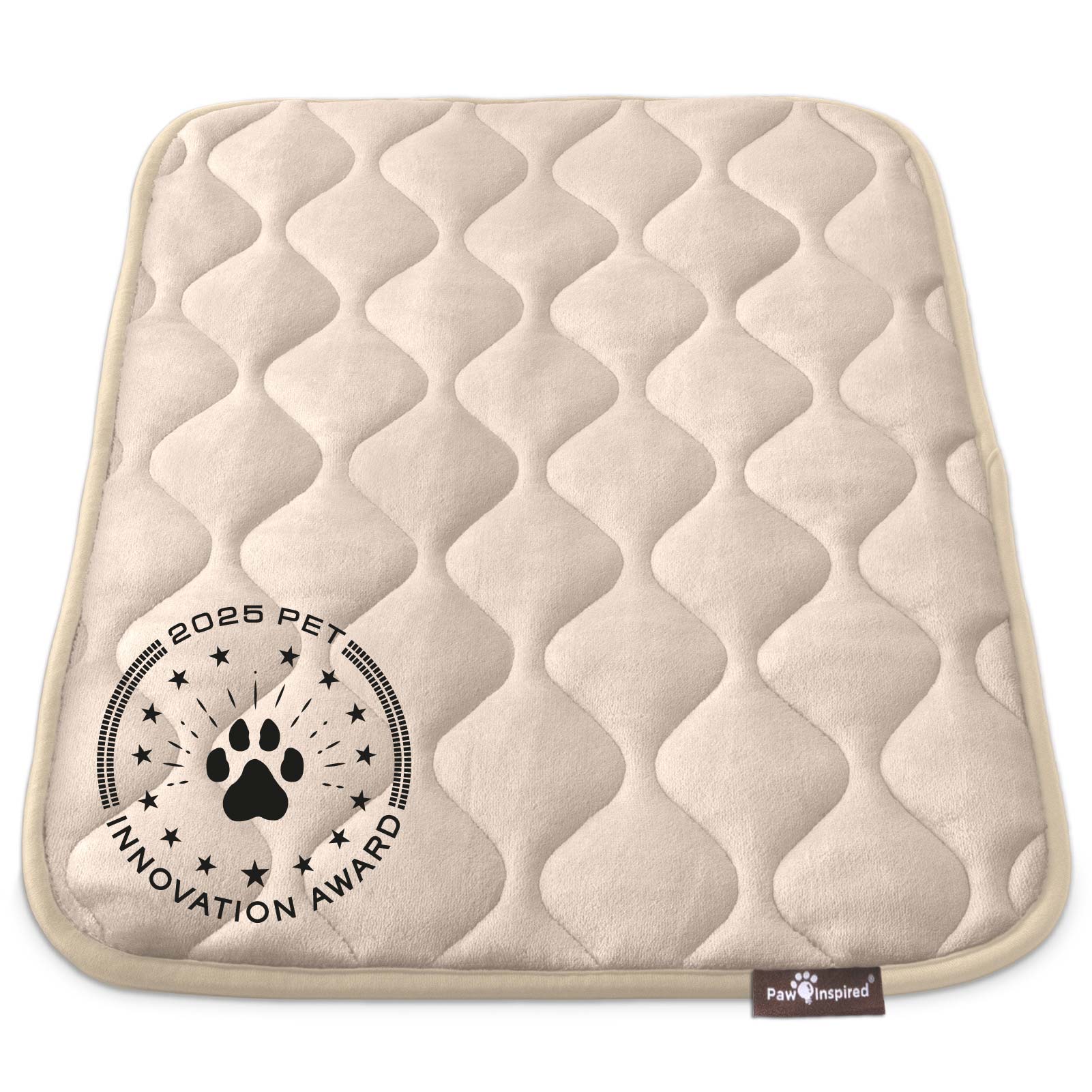 Paw Inspired 30 inch Tan Crate Mat, featuring the 2025 Pet Innovation Award seal, showcasing its superior comfort and quality.