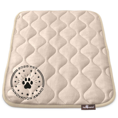 Paw Inspired 30 inch Tan Crate Mat, featuring the 2025 Pet Innovation Award seal, showcasing its superior comfort and quality.