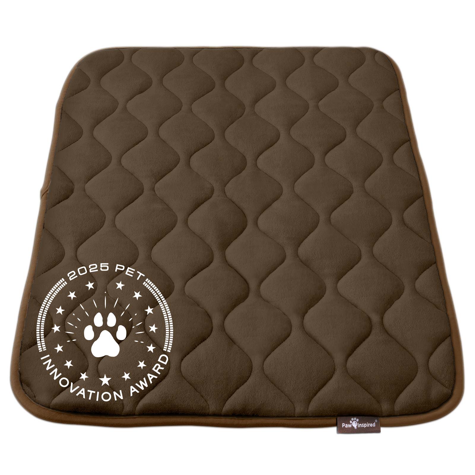 Paw Inspired 36 inch Brown Crate Mat, featuring the 2025 Pet Innovation Award seal, showcasing its superior comfort and quality.