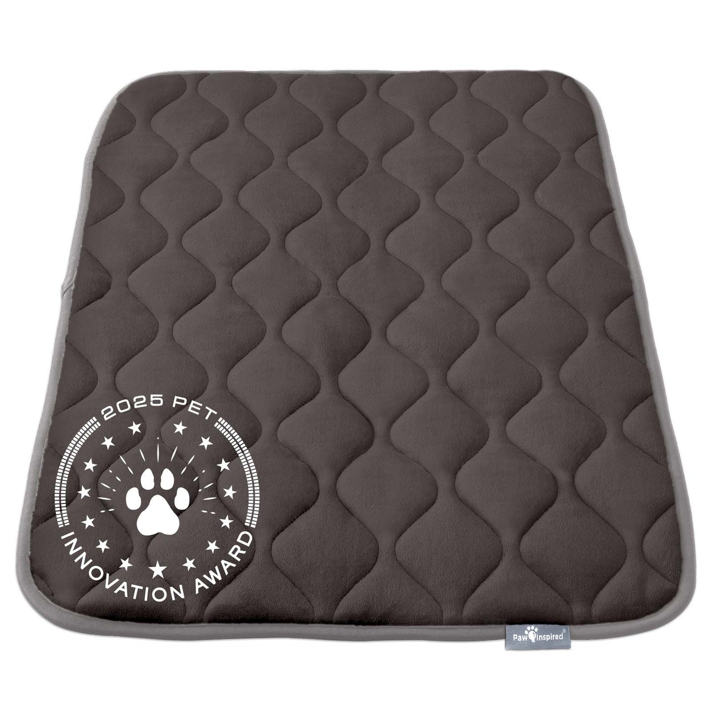 Paw Inspired 36 inch Gray Crate Mat, featuring the 2025 Pet Innovation Award seal, showcasing its superior comfort and quality.