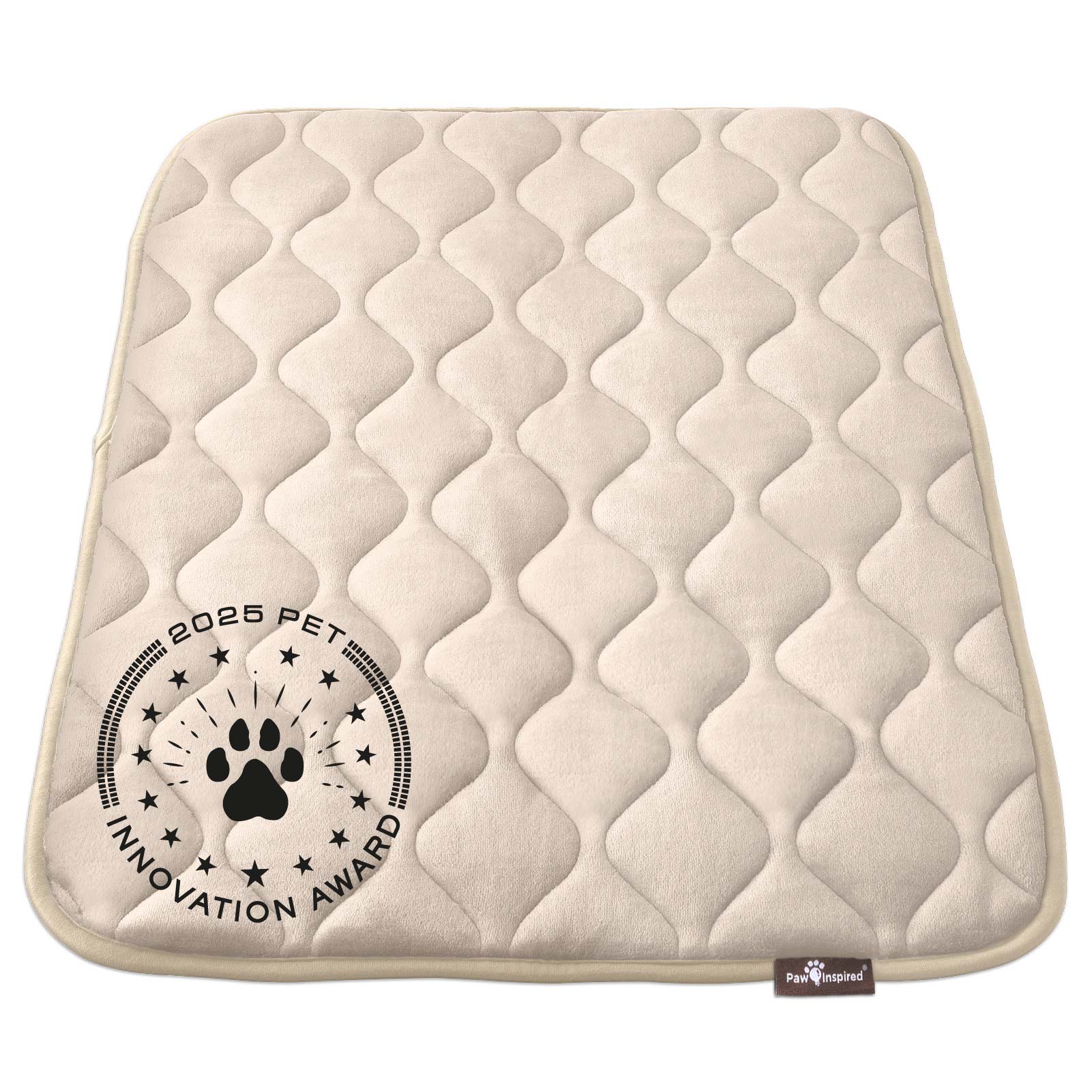 Paw Inspired 36 inch Tan Crate Mat, featuring the 2025 Pet Innovation Award seal, showcasing its superior comfort and quality.