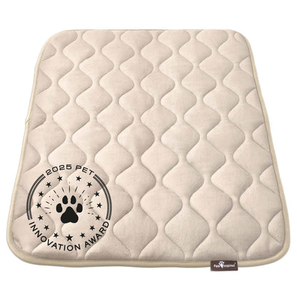 Paw Inspired 36 inch Tan Crate Mat, featuring the 2025 Pet Innovation Award seal, showcasing its superior comfort and quality.