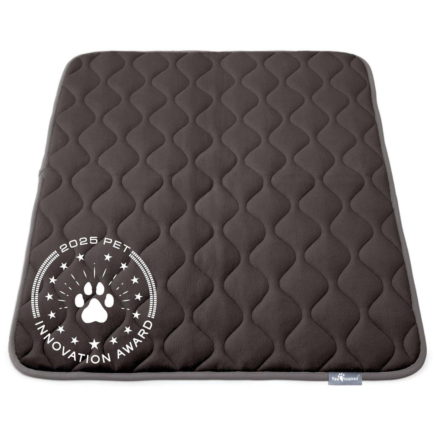 Paw Inspired 42 inch Gray Crate Mat, featuring the 2025 Pet Innovation Award seal, showcasing its superior comfort and quality.