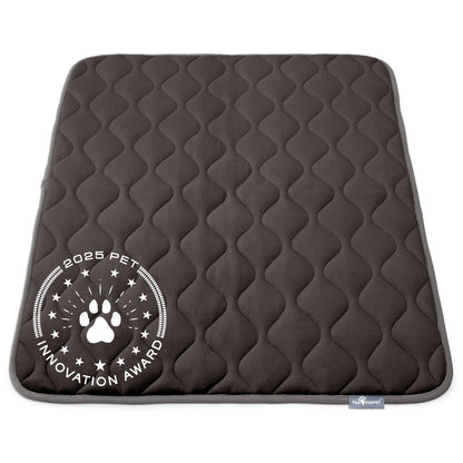 Paw Inspired 42 inch Gray Crate Mat, featuring the 2025 Pet Innovation Award seal, showcasing its superior comfort and quality.