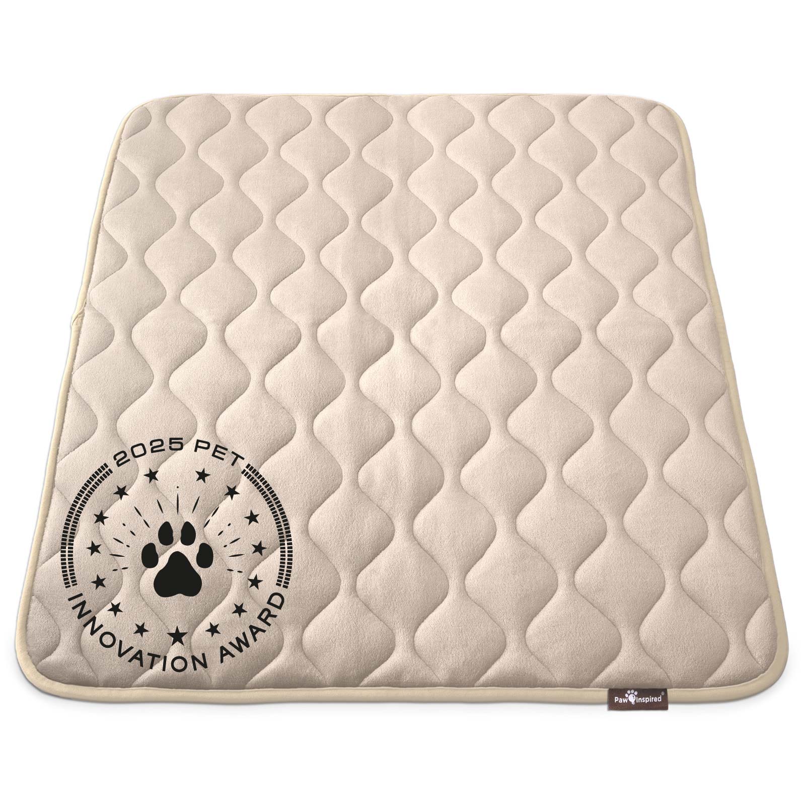 Paw Inspired 42 inch Tan Crate Mat, featuring the 2025 Pet Innovation Award seal, showcasing its superior comfort and quality.