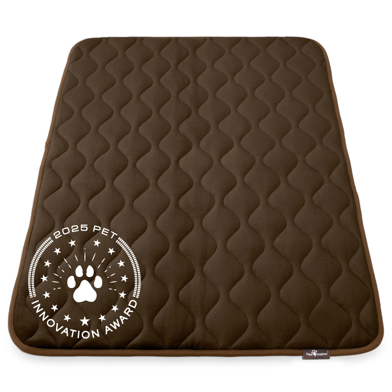 Paw Inspired 48 inch Brown Crate Mat, featuring the 2025 Pet Innovation Award seal, showcasing its superior comfort and quality.