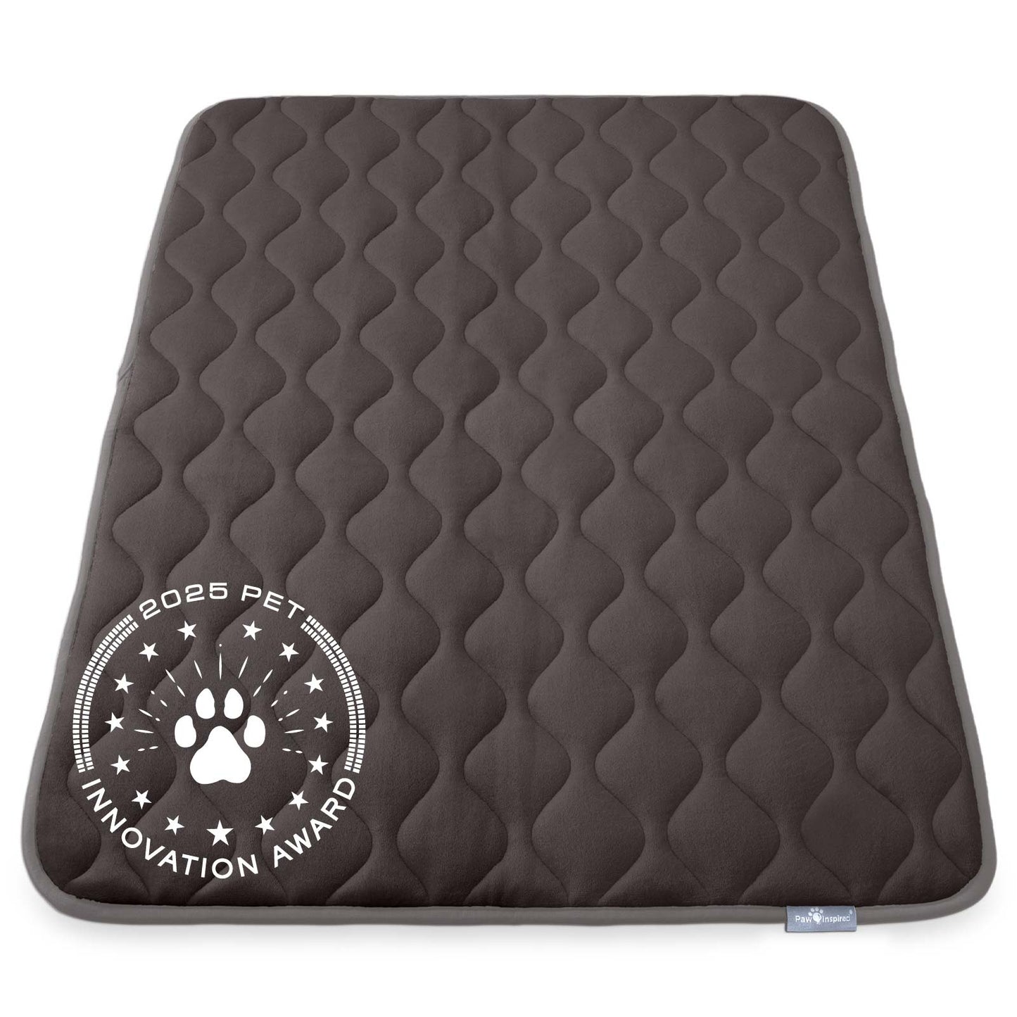 Paw Inspired 48 inch Gray Crate Mat, featuring the 2025 Pet Innovation Award seal, showcasing its superior comfort and quality.