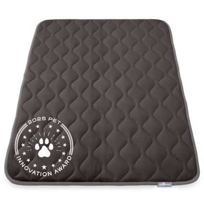 Paw Inspired 48 inch Gray Crate Mat, featuring the 2025 Pet Innovation Award seal, showcasing its superior comfort and quality.