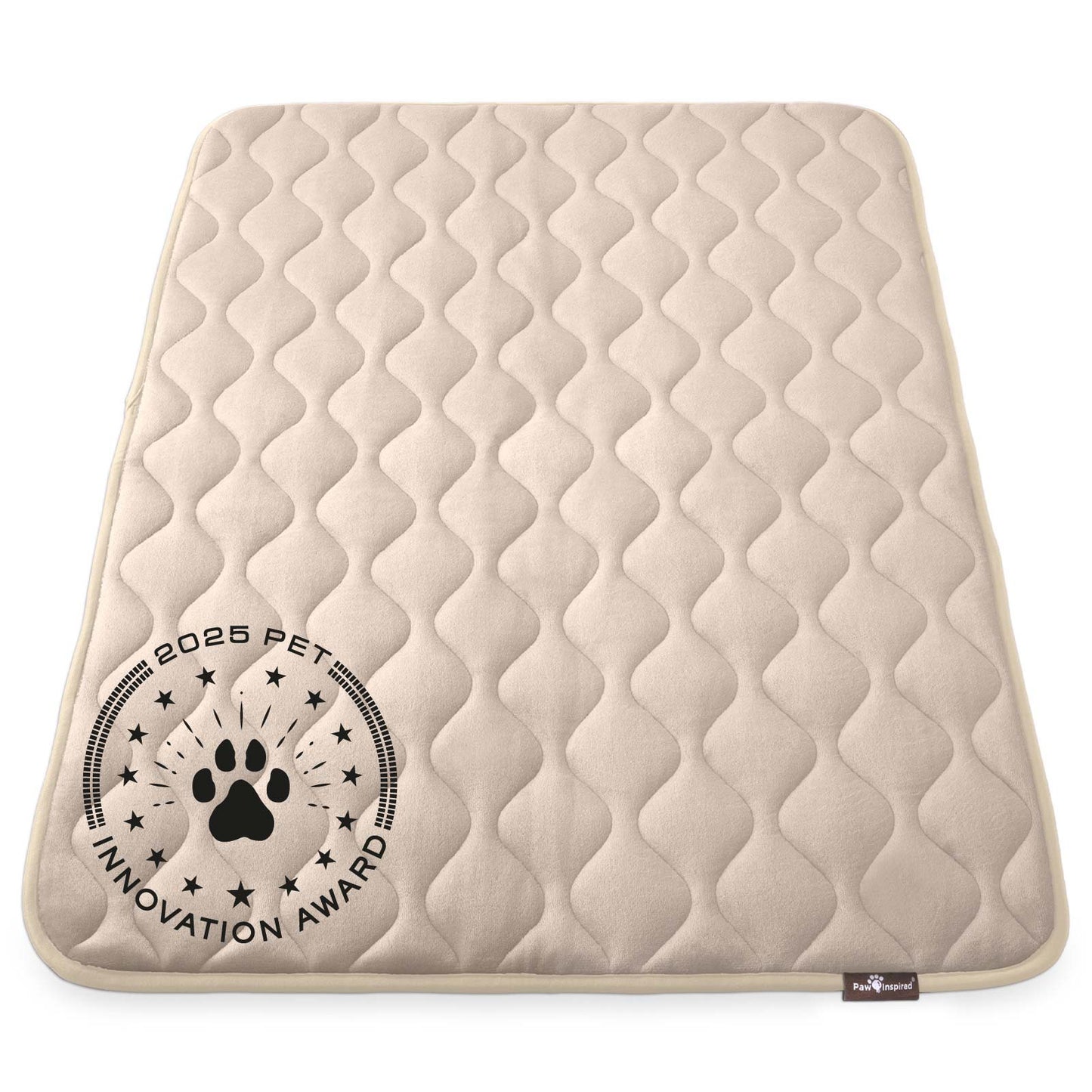 Paw Inspired 48 inch Tan Crate Mat, featuring the 2025 Pet Innovation Award seal, showcasing its superior comfort and quality.