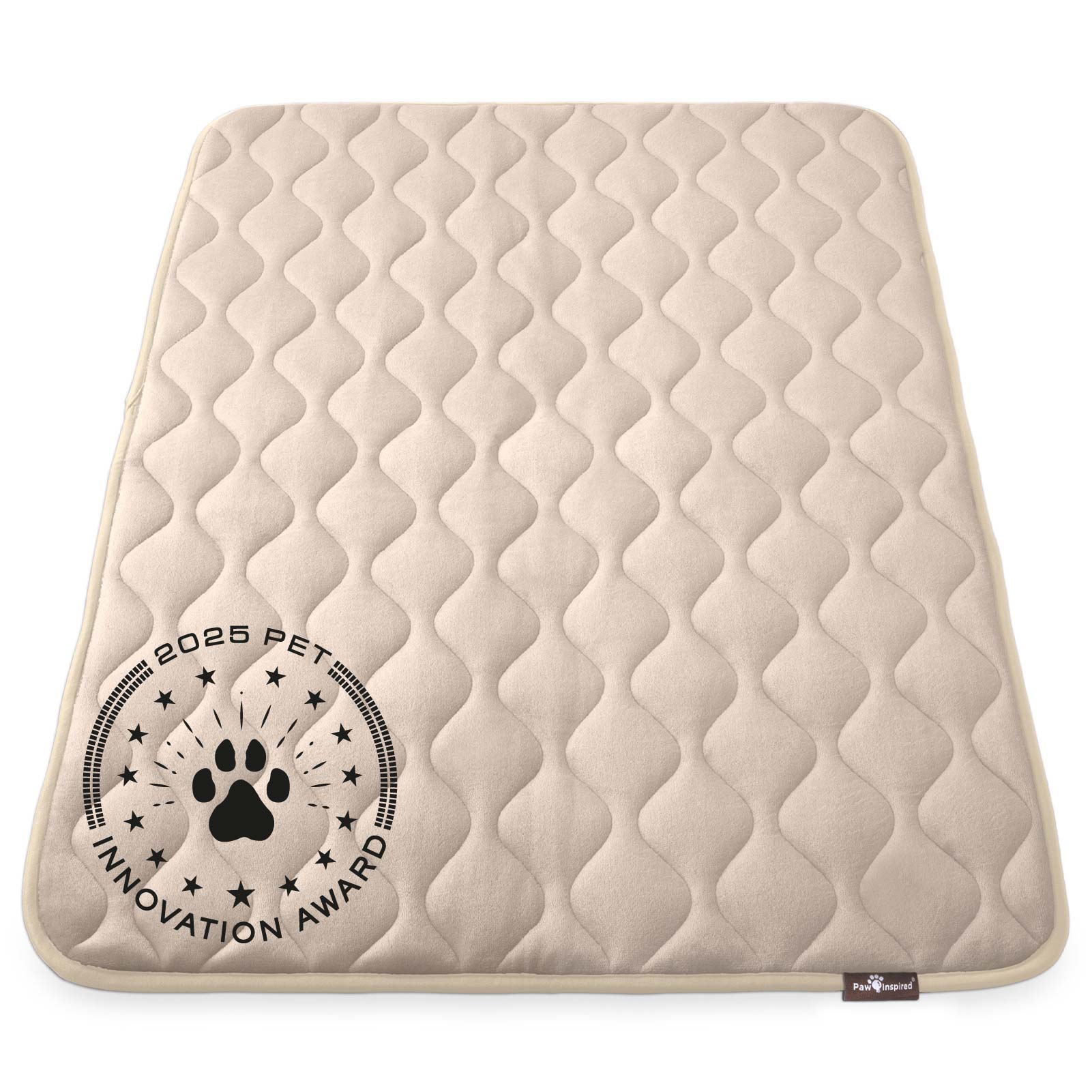Paw Inspired 48 inch Tan Crate Mat, featuring the 2025 Pet Innovation Award seal, showcasing its superior comfort and quality.