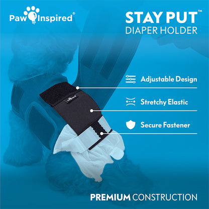 Stay Put Diaper Holder premium construction features: adjustable design, stretchy elastic, and secure fastener.