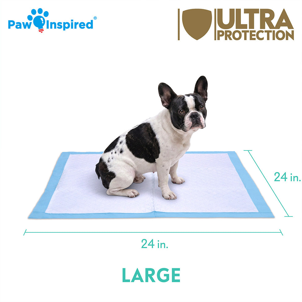 Size guide for the Paw Inspired Ultra Protection Dog Pads, showcasing the Large size (24 inches). A Border Collie is used for size reference, and the image indicates it is 90% larger than standard pads