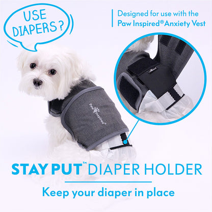 A promotional graphic for Paw Inspired Diaper Holders, specifically designed to keep dog diapers in place and prevent them from slipping or falling off during movement.