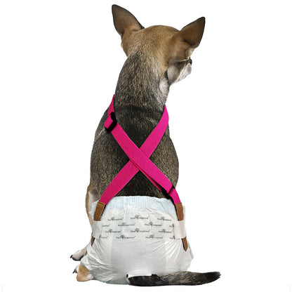 Paw Inspired Pink Dog Diaper Suspenders featuring secure hook and loop fasteners to hold pet diapers in place.