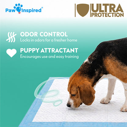 A dog using the Paw Inspired dog pad at home, highlighting the built-in puppy attractant for easier housebreaking and indoor potty training.