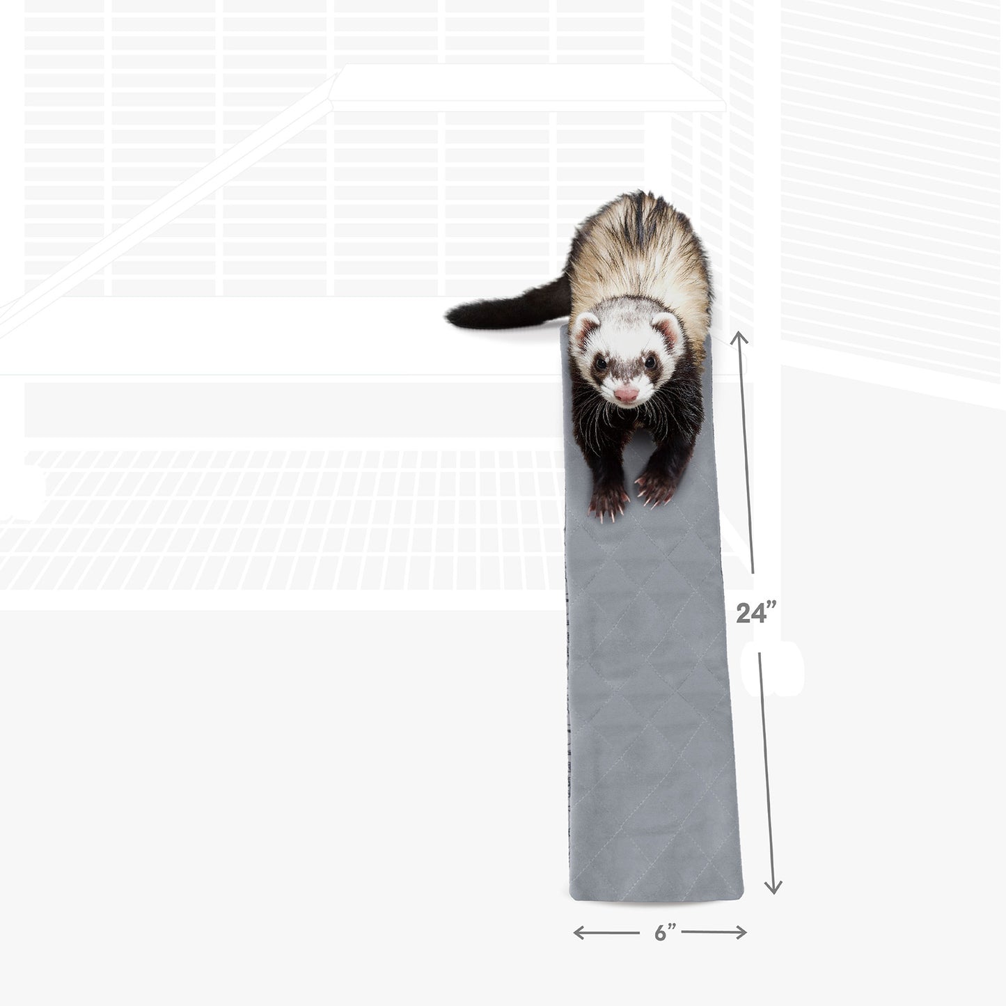 A ferret on a Paw Inspired Exit Ramp cover showing the 24-inch length and 6-inch width dimensions.