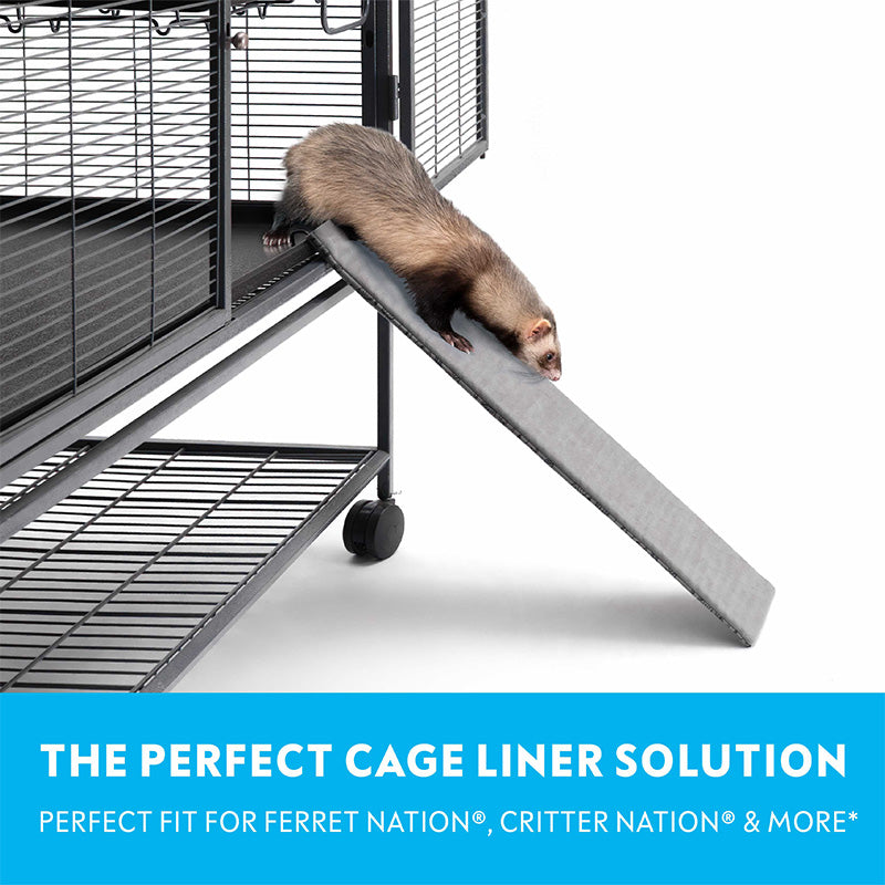 A ferret using the Paw Inspired Exit Ramp in a Critter Nation cage, providing a perfect liner solution.