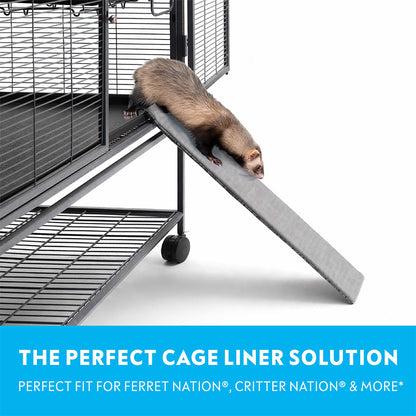 A ferret using the Paw Inspired Exit Ramp in a Critter Nation cage, providing a perfect liner solution.