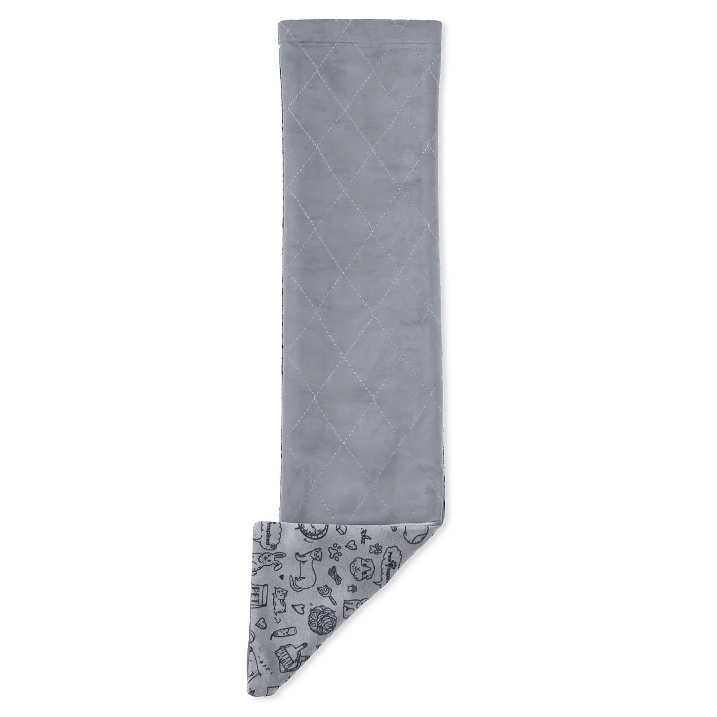 Paw Inspired Exit Ramp gray fitted fleece cover with a decorative pet-themed pattern on the reverse side.