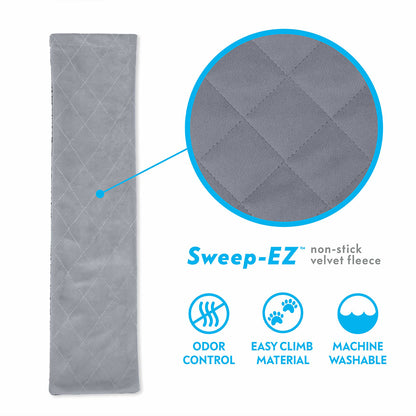 Features of the Paw Inspired Exit Ramp Sweep-EZ non-stick velvet fleece, including odor control and machine washability.