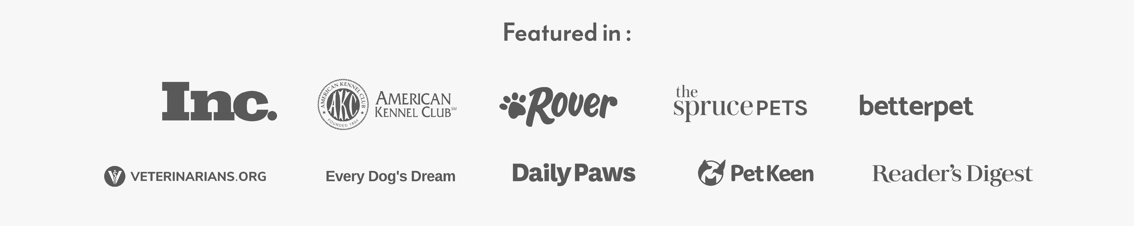 Paw Inspired pet products featured in prominent media outlets including Inc., American Kennel Club (AKC), Rover, The Spruce Pets, and Reader's Digest.