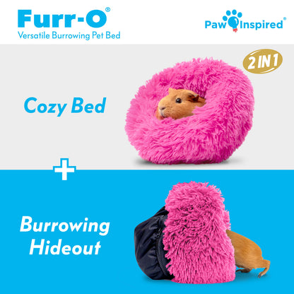 Graphic displaying the Paw Inspired Furr-O 2-in-1 design showing a cozy bed mode and a burrowing hideout mode for small pets.