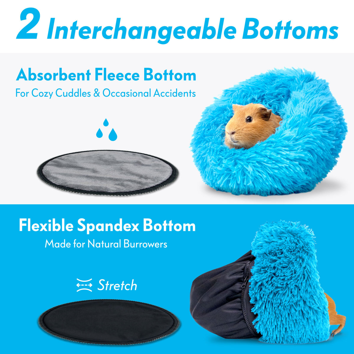 Diagram displaying the blue Paw Inspired Furr-O bed with its 2 interchangeable options: absorbent fleece bottom and flexible spandex bottom.