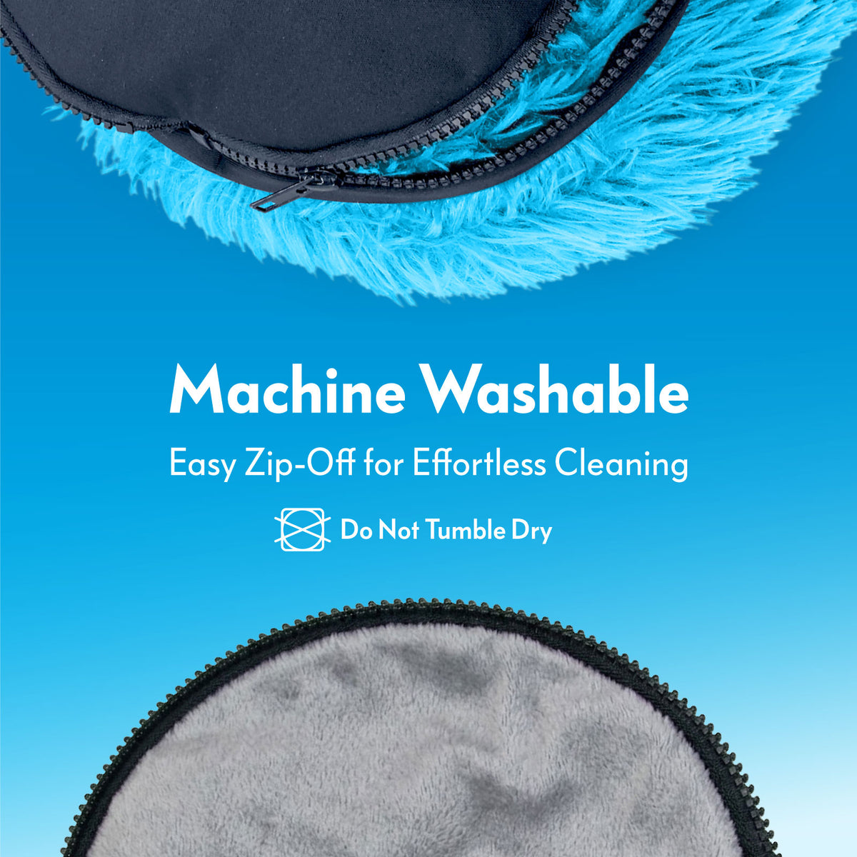 Close-up of the zip-off removable bottom on the blue Paw Inspired Furr-O pet bed, highlighting its machine washable design.