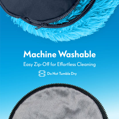 Close-up of the zip-off removable bottom on the blue Paw Inspired Furr-O pet bed, highlighting its machine washable design.