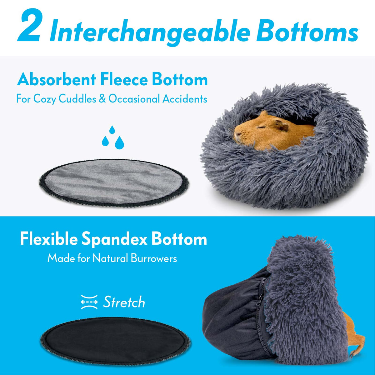 Diagram displaying the dark grey Paw Inspired Furr-O bed with its 2 interchangeable options: absorbent fleece bottom and flexible spandex bottom.