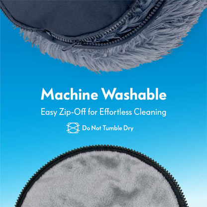 Close-up of the zip-off removable bottom on the dark grey Paw Inspired Furr-O pet bed, highlighting its machine washable design.