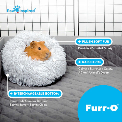 Diagram showing a guinea pig inside a white Paw Inspired Furr-O bed, highlighting features like plush soft fur, raised rim, and interchangeable bottom.