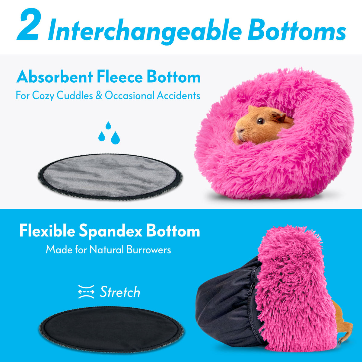 Diagram featuring the 2 interchangeable bottoms for the Paw Inspired Furr-O bed, including an absorbent fleece pad and a flexible spandex bottom.