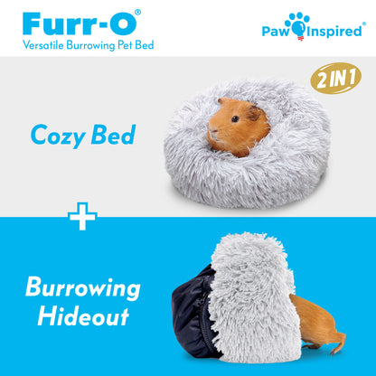 Graphic showing the light gray Paw Inspired Furr-O bed in two modes: a cozy bed and a burrowing hideout for small animals.