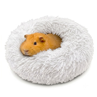 A cute brown guinea pig burrowed comfortably inside a light gray Paw Inspired Furr-O plush pet bed.