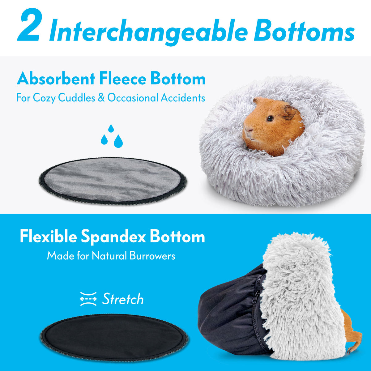 Diagram displaying the light gray Paw Inspired Furr-O bed with its 2 interchangeable options: absorbent fleece bottom and flexible spandex bottom.