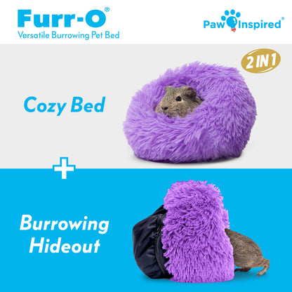 Graphic showing the purple Paw Inspired Furr-O bed in two modes: a cozy bed and a burrowing hideout for small animals.