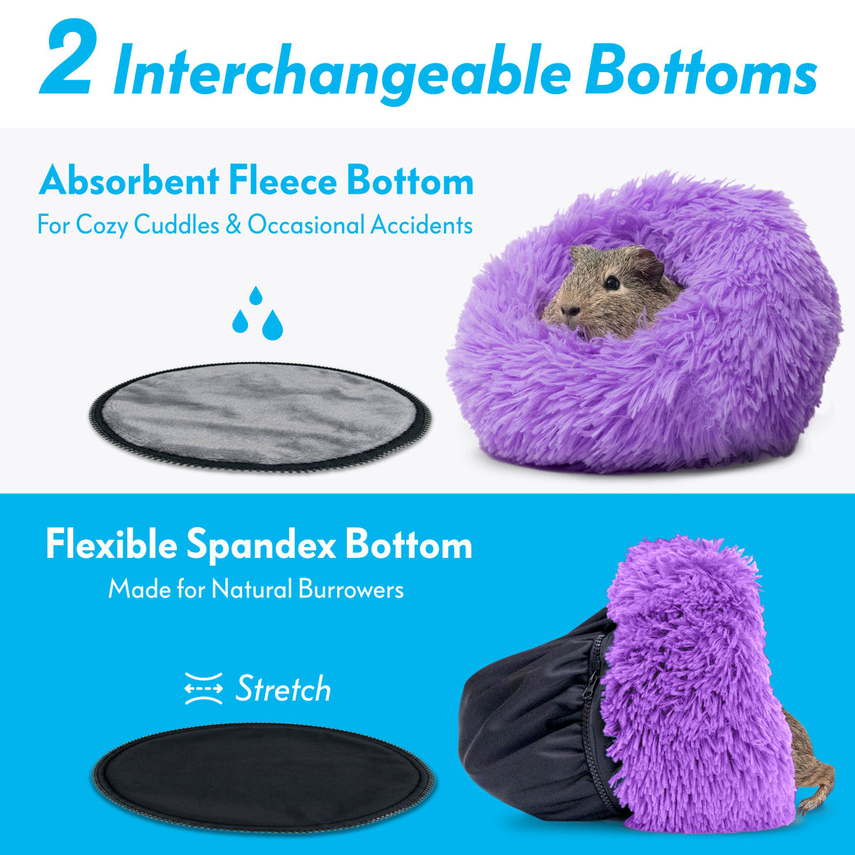 Diagram displaying the purple Paw Inspired Furr-O bed with its 2 interchangeable options: absorbent fleece bottom and flexible spandex bottom.