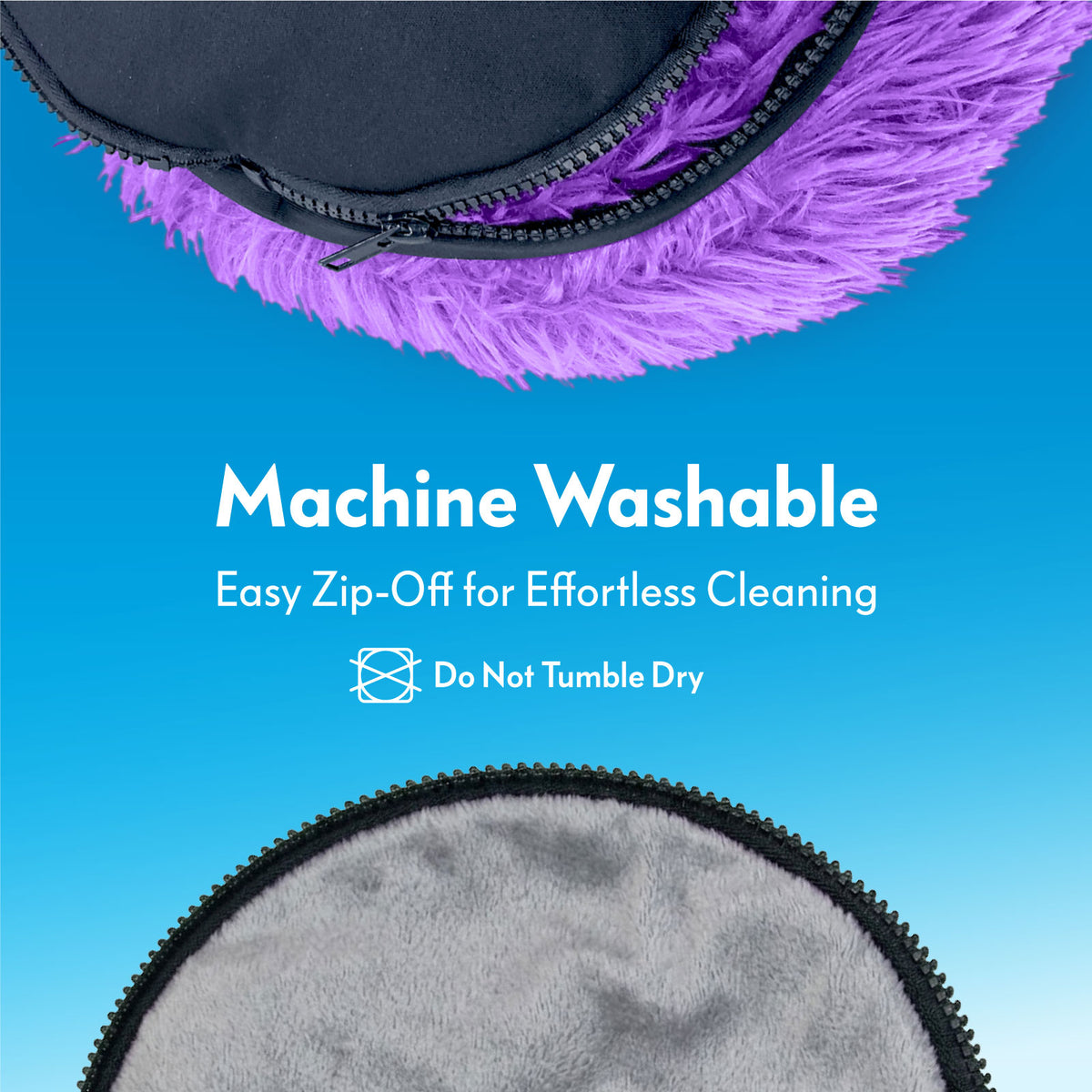 Close-up of the zip-off removable bottom on the purple Paw Inspired Furr-O pet bed, highlighting its machine washable design.